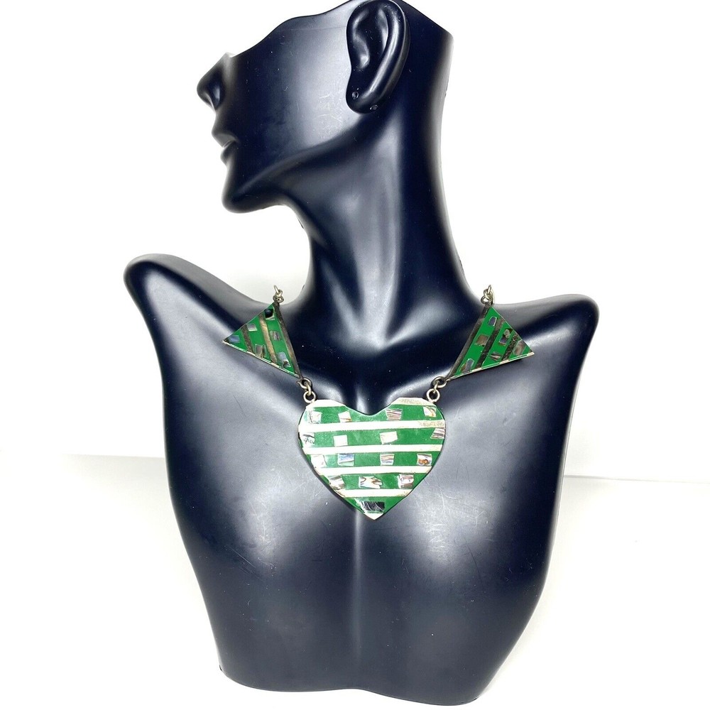 Mexican Alpaca Necklace Heart Shaped Chocker Green and Mother of Pearl Inlay